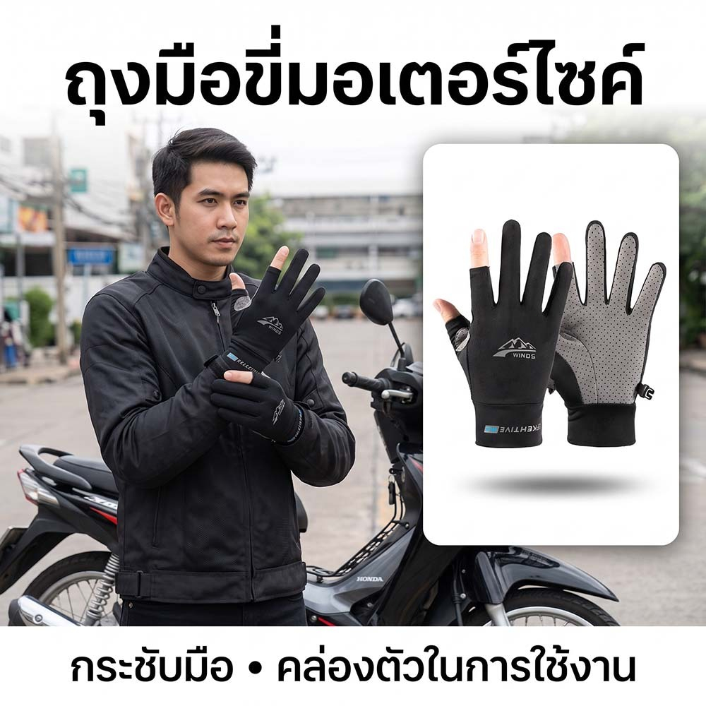 ถุงมือมอเตอร์ไซค์ ถุงมือกันแดด ป้องกัน UV ผ้าเนื้อเย็น ระบายอากาศ กันลื่น ยืดหยุ่นสูง สำหรับขี่มอเตอร์ไซค์ Riding Gloves