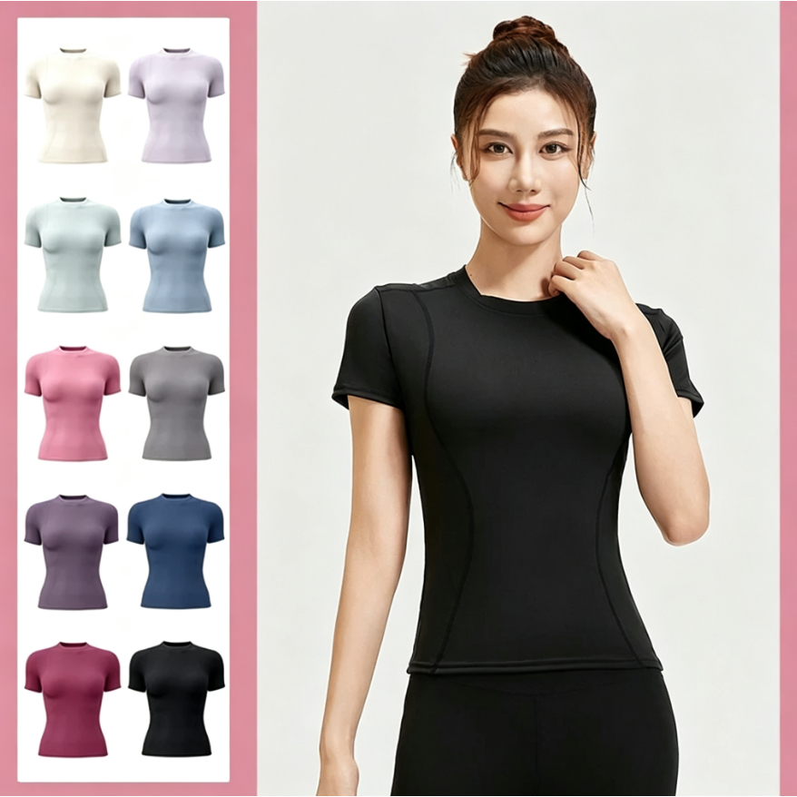เสื้อกีฬาผู้หญิง คอกลมแขนสั้นสีทึบ เสื้อยืดกีฬา