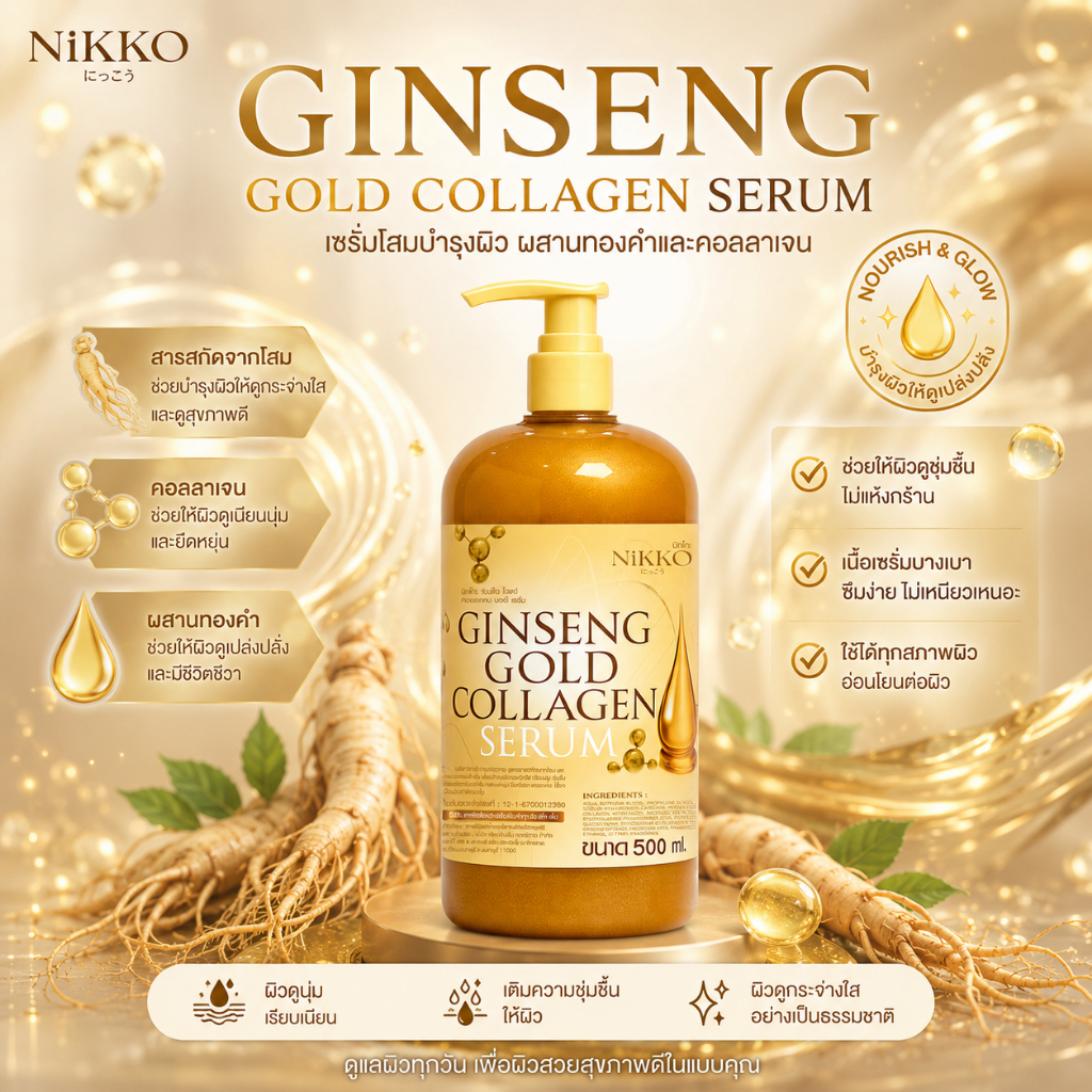 <เซรั่มผิวกาย> นิกโกะ จินเส็งโกลด์คอลลาเจนบอดี้เซรั่ม// 500 ml.// มี อย.//บำรุงผิวกาย สารสกัดจากโสมและคอลลาเจน