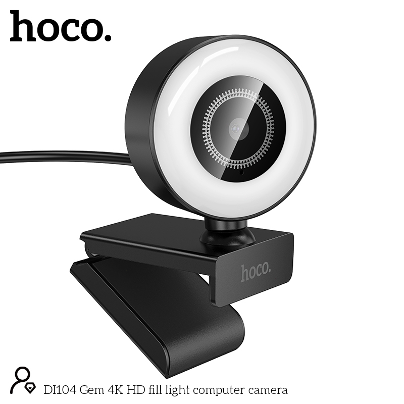 กล้องเว็บแคม 4K พร้อมไฟ Fill Light HOCO DI104 ไมค์ในตัว มีฝาครอบเลนส์ กล้องปรับได้ สำหรับประชุม ไลฟ์