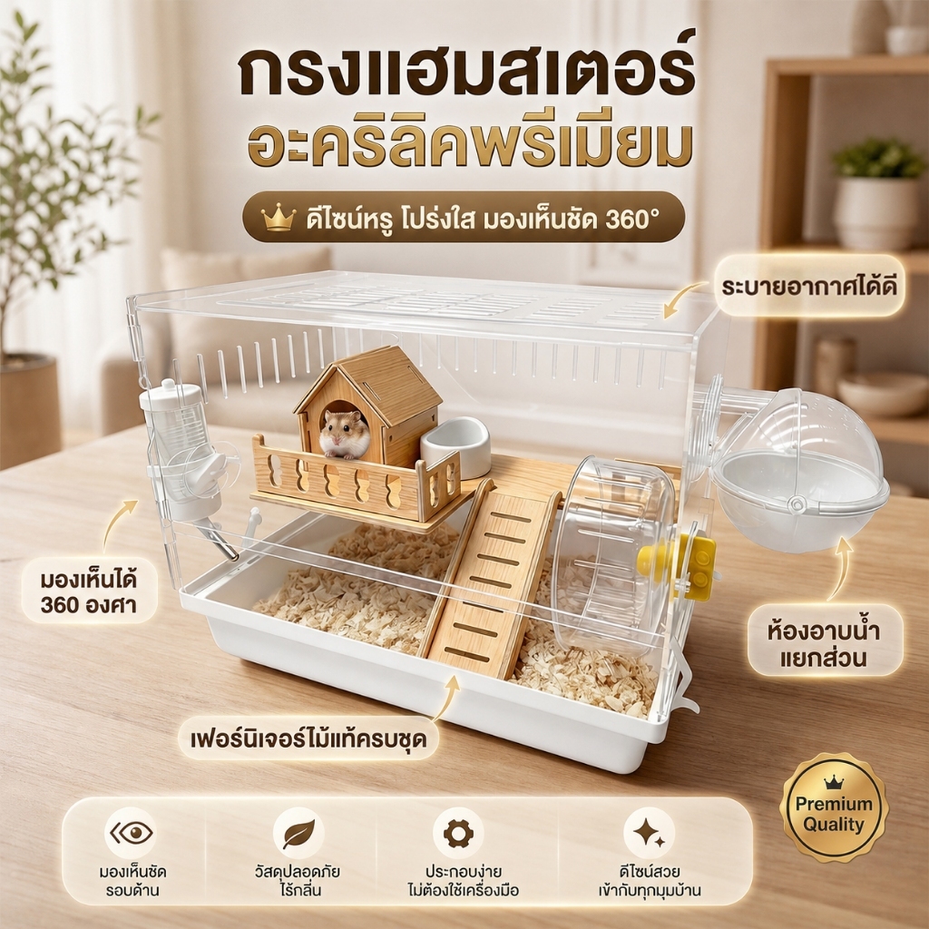 กรงแฮมสเตอร์ อะคริลิกใส ล้อวิ่งเงียบ ถอดล้างได้ ทำความสะอาดง่าย พร้อมขี้เลื่อยและทราย