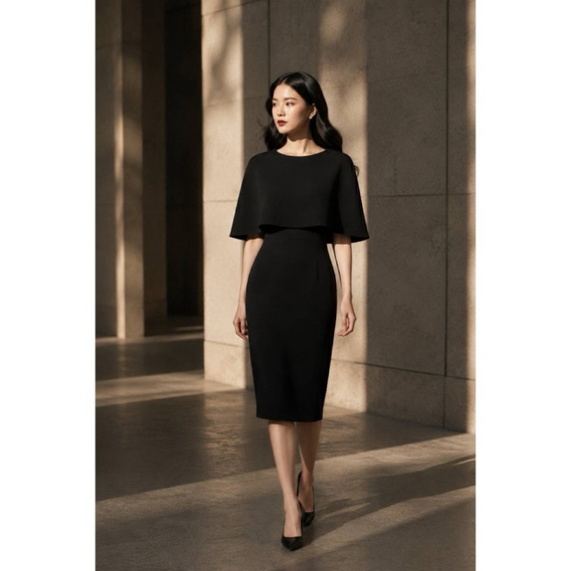 Weeya Amelia Cape Dress เดรสทำงาน เดรสไปงาน เดรสเคป เดรสกระโปรงยาวปิดเข่า