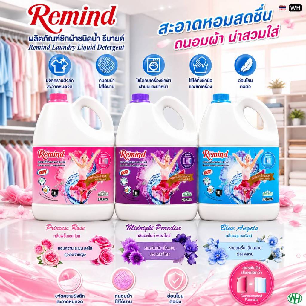 Remind น้ำยาซักผ้า สูตรเข้มข้น รีมายด์ Liquid Detergent ชนิดน้ำ 3,000 มล มี 3 กลิ่นให้เลือก ซักผ้าหอม