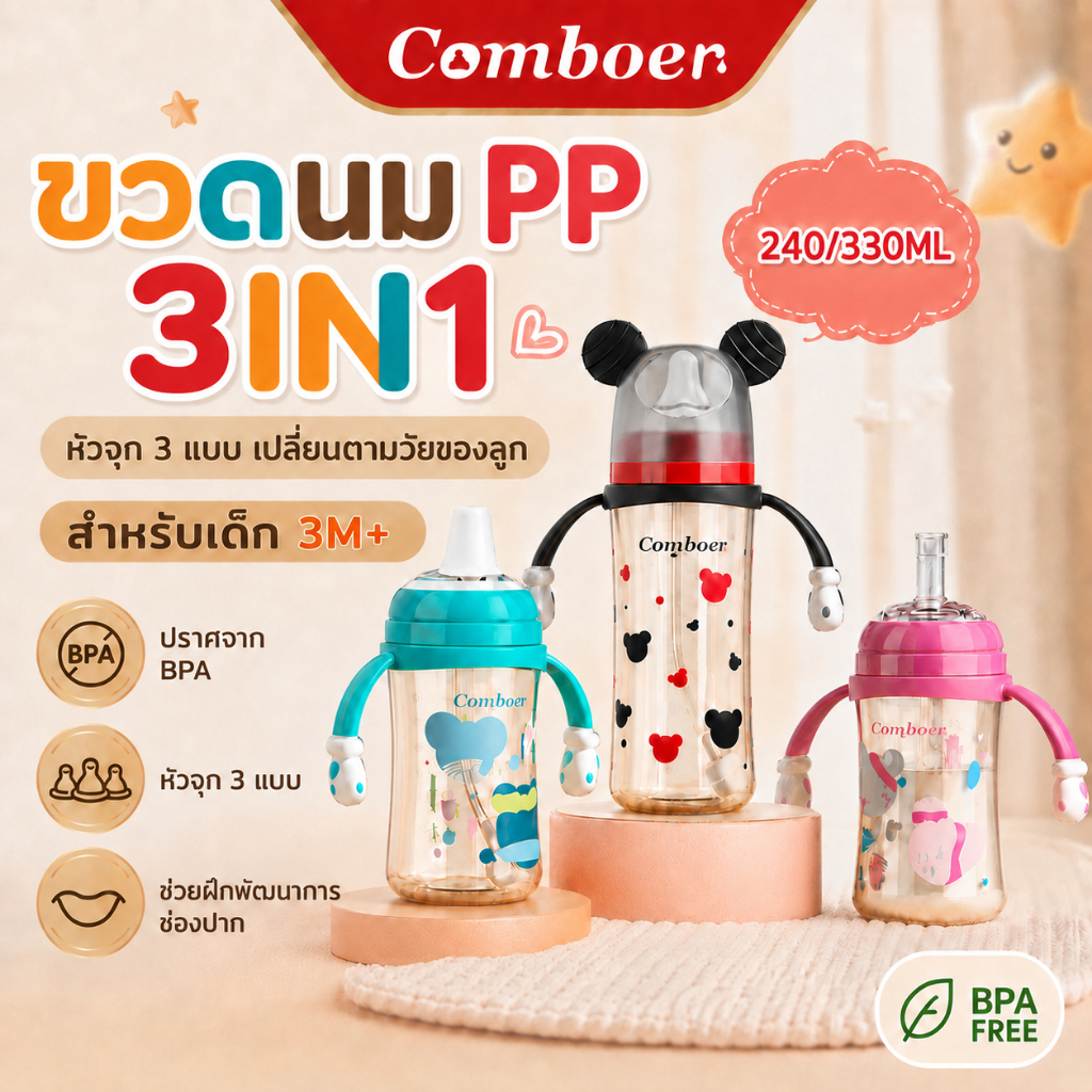 Comboer ขวดนมเด็ก ลายใหม่ล่าสุด ขวดนมคอกว้าง 3 in 1 มีหูจับ 240ml 330ml ขวดน้ำเด็ก ไม่รั่วซึม Anti Colic กันสำลัก