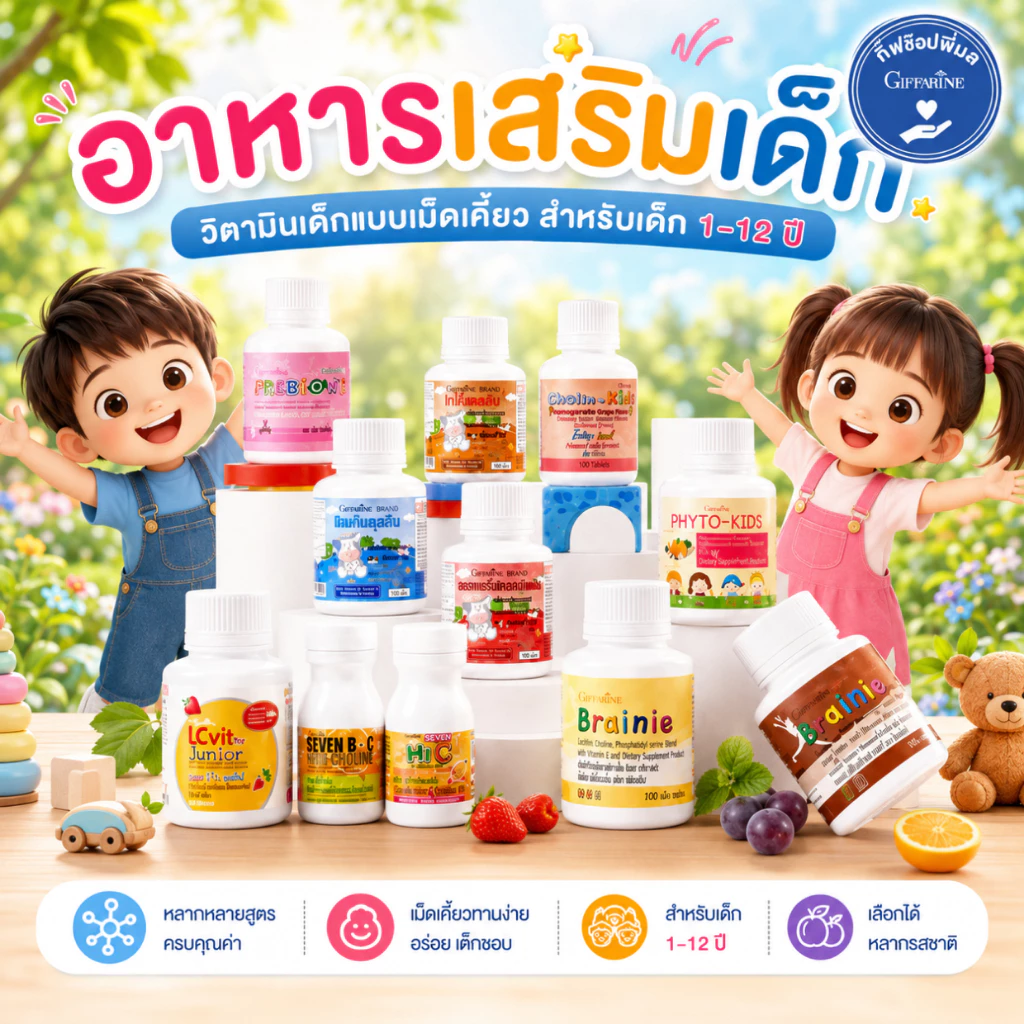 วิตามินเด็ก อาหารเสริมเด็ก กิฟฟารีน วิตามิน บำรุงสมอง ความจำ สายตา เสริมภูมิคุ้มกัน แคลเซียมสูง