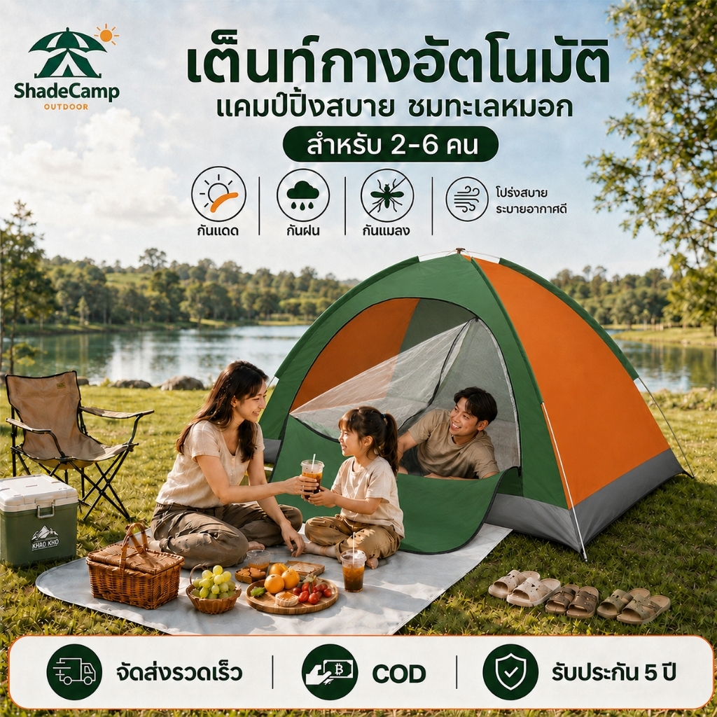 เต็นท์แคมป์ปิ้ง เต็นท์สนามอัตโนมัติ กาง2วินาที พับได้ ผ้า210D สีเขียวป่า เหมาะ2-6คน ครอบครัว3-4คน ติดตั้งง่าย