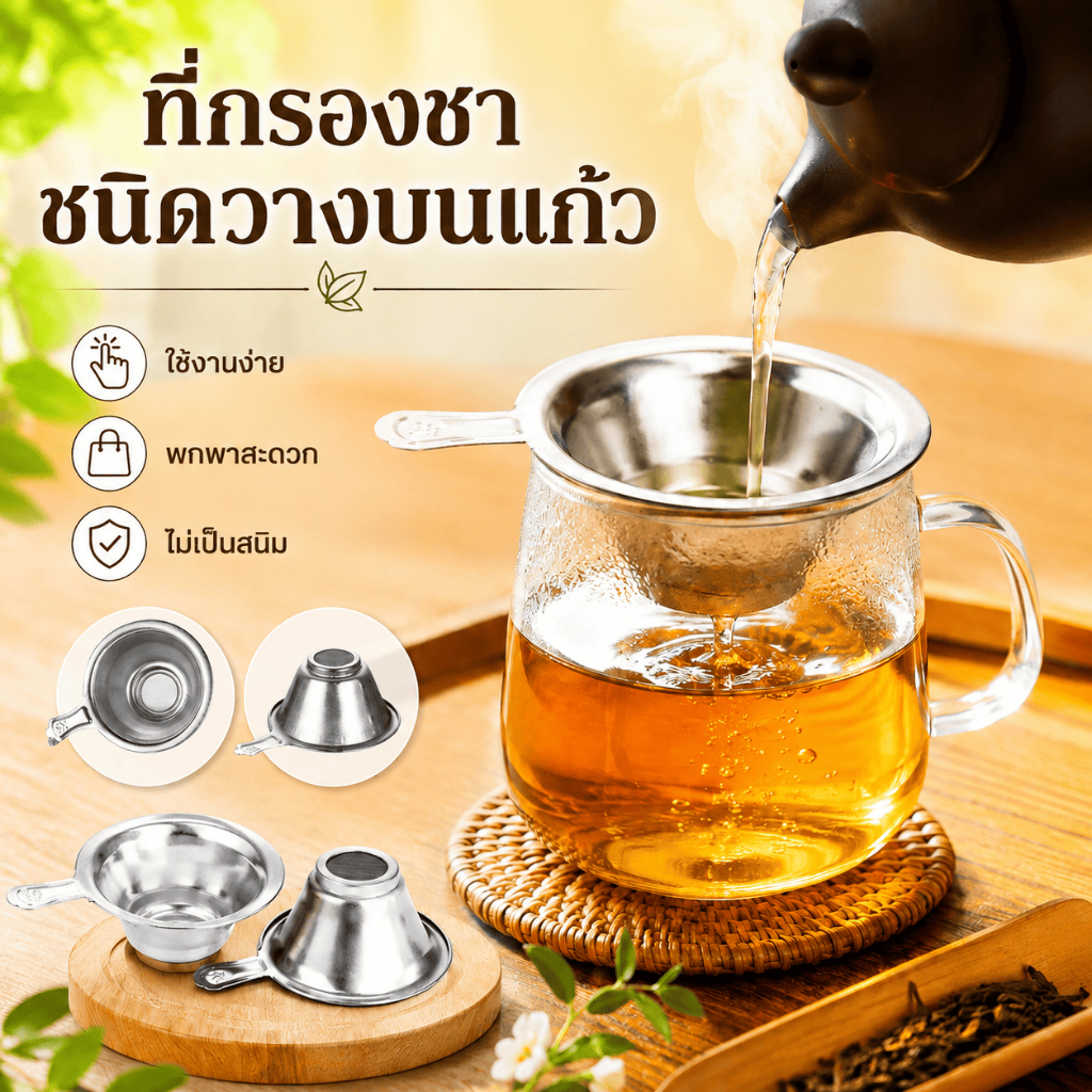 ที่กรองชาทรงกรวยวางบนแก้ว(Stainless Steel) สแตนเลส304แท้ ใช้งานง่ายพกพาสดวก ไม่เป็นสนิม รูปทรงสวยงาม