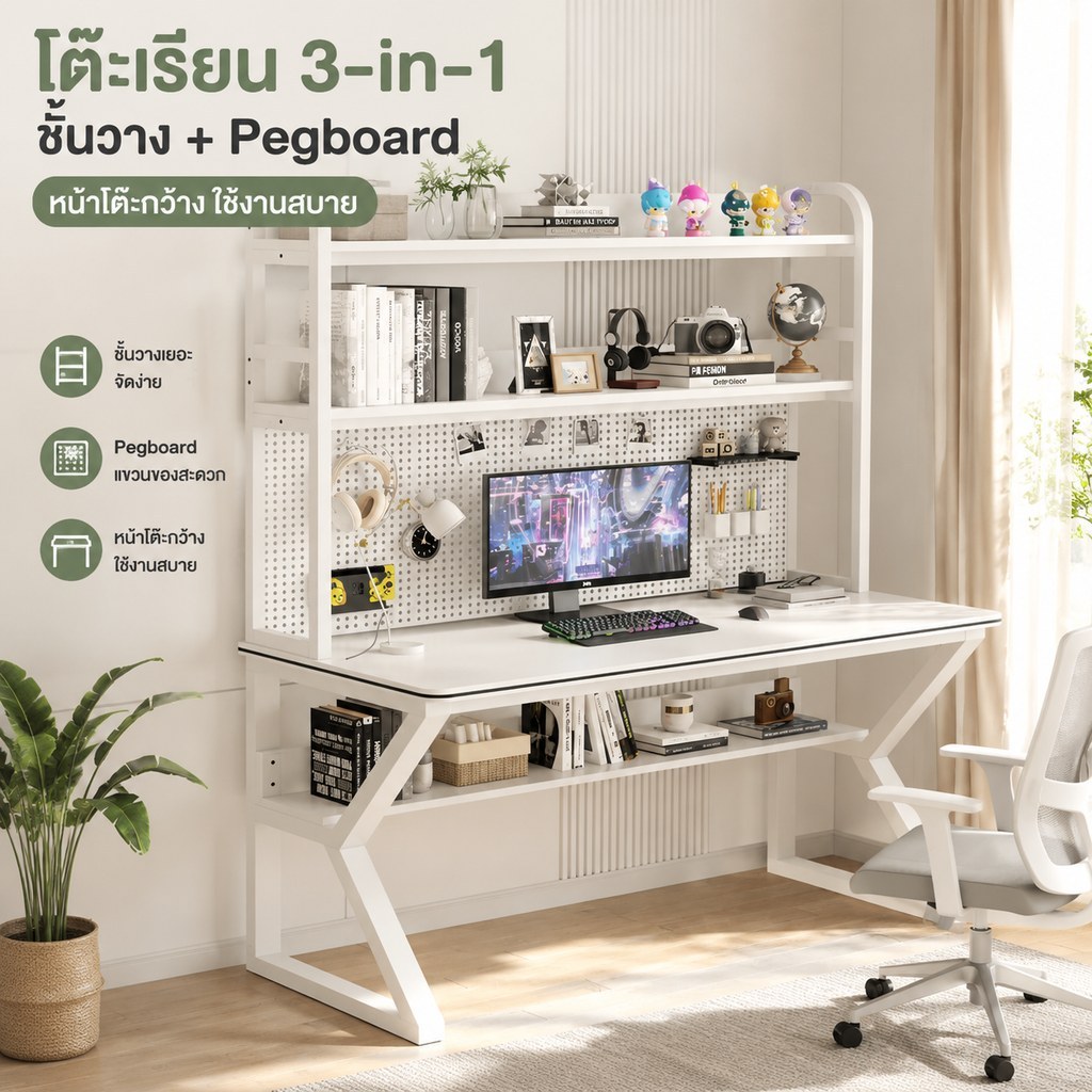 โต๊ะคอมพิวเตอร์ โต๊ะทำงาน พร้อมชั้นวางหนังสือ ขนาด 140/120/100/80 ซม. โต๊ะอเนกประสงค์ โครงเหล็กแข็งแรง สีดำ สำหรับเรียน