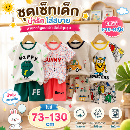 MooDeng_Baby ชุดเซทเสื้อแขนสั้น+กางเกงขาสั้น ชุด เสื้อผ้าเด็กเด็กลายการ์ตูน น่ารักๆ ผ้า cotton ขนาด 73-120 เด็กผู้ชาย