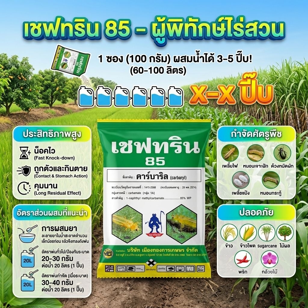 คาร์บาริล 85% สารกำจัดแมลง เซฟทริน 85 100g กำจัดเพลี้ยไฟ ด้วงหมัดผัก หนอน แมลงปีกแข็ง ข้าวโพด ไม้ผล 