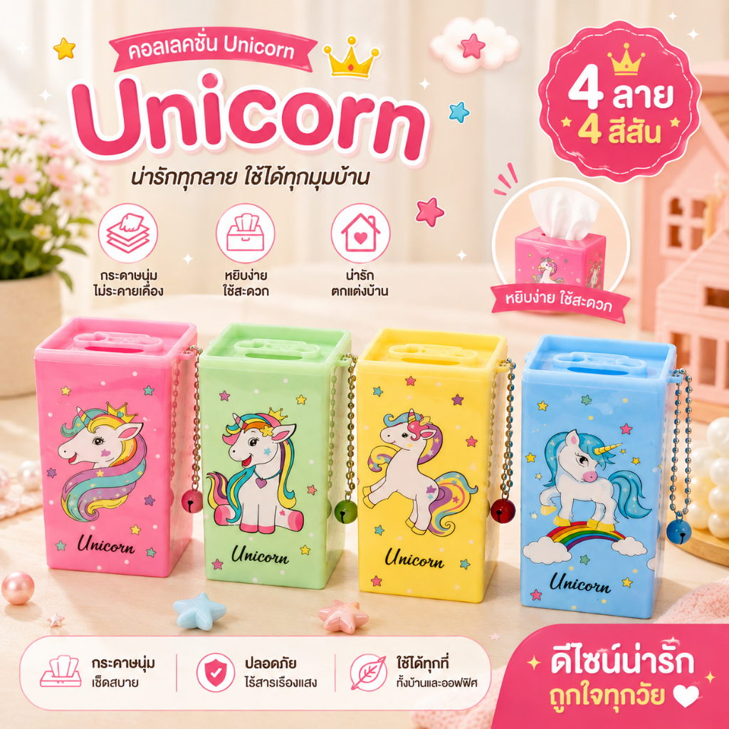 [แพ็ค 4 กระป๋อง]ทิชชู่แบบกระป๋อง Unicorn Collection กระดาษทิชชูแห้ง กระป๋องน่ารัก พกพาสะดวก 4 ลาย 4 สี