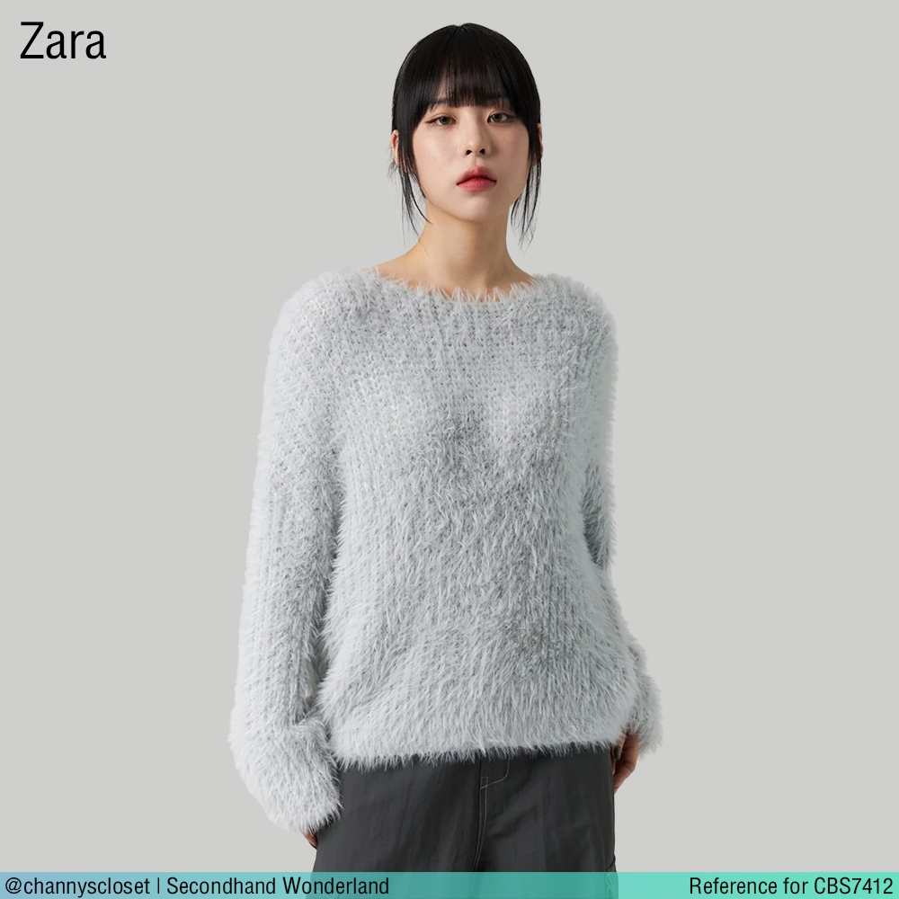 💖USED Zara - Gray Fuzzy Sweater | เสื้อสเวตเตอร์สีเทา เสื้อกันหนาว ขนพอง แขนยาว คอกลม สีพื้น สายฝอ แ