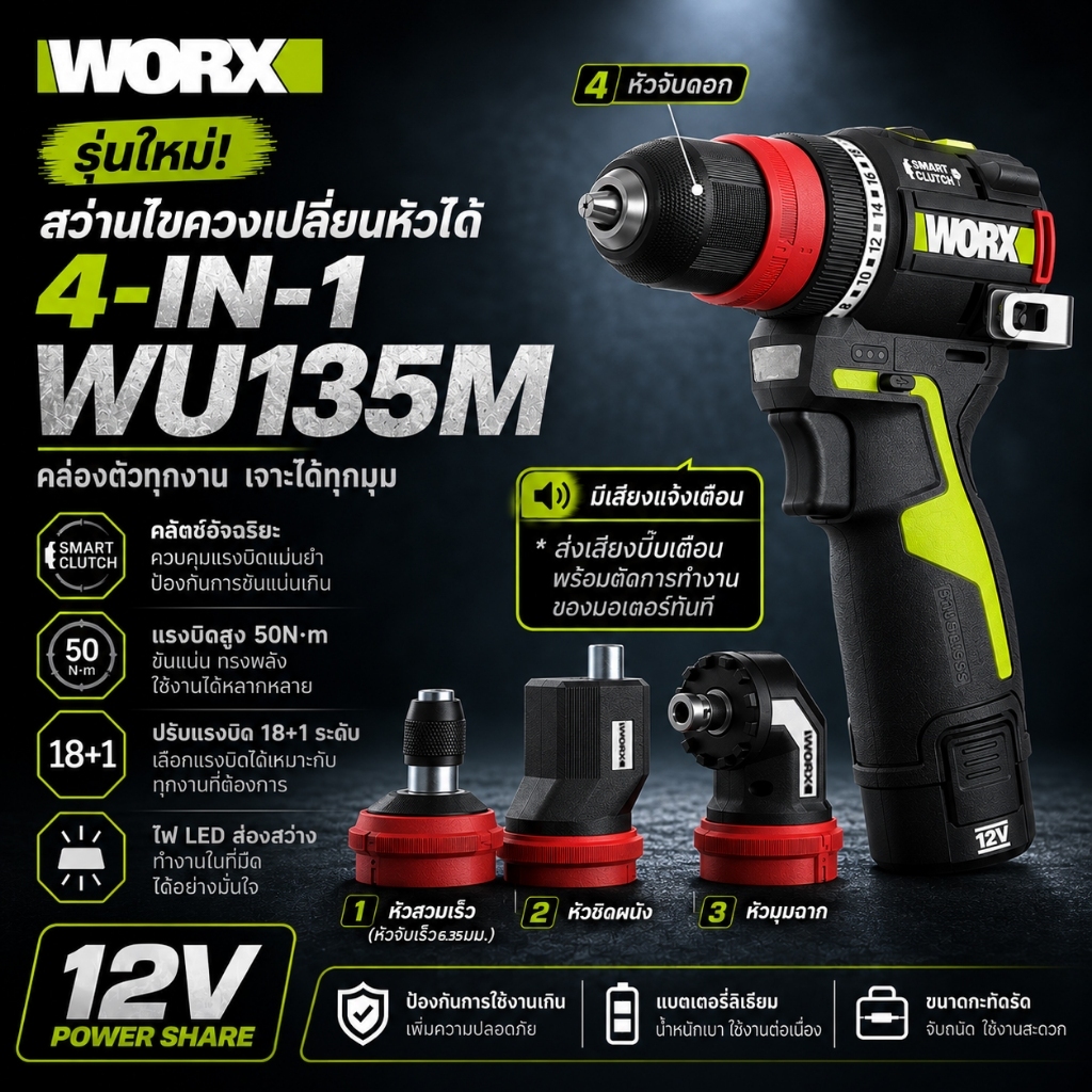 WORX WU135M สว่านไขควงเปลี่ยนหัวได้ 4-in-1 12V Smart Clutch มีเสียงแจ้งเตือน แรงบิด 50Nm