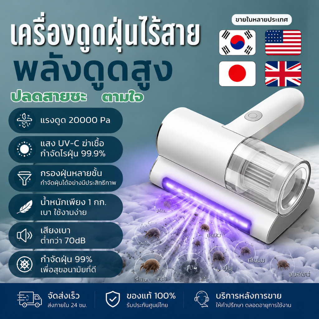 【รับประกัน 10 ปี】เครื่องกำจัดไรฝุ่น 20000pa แสงUV กำจัดไรฝุ่น 99.9% ทำความสะอาดพรม ที่นอน Vacuum Cleaner ดูดฝุ่นบนเตียง
