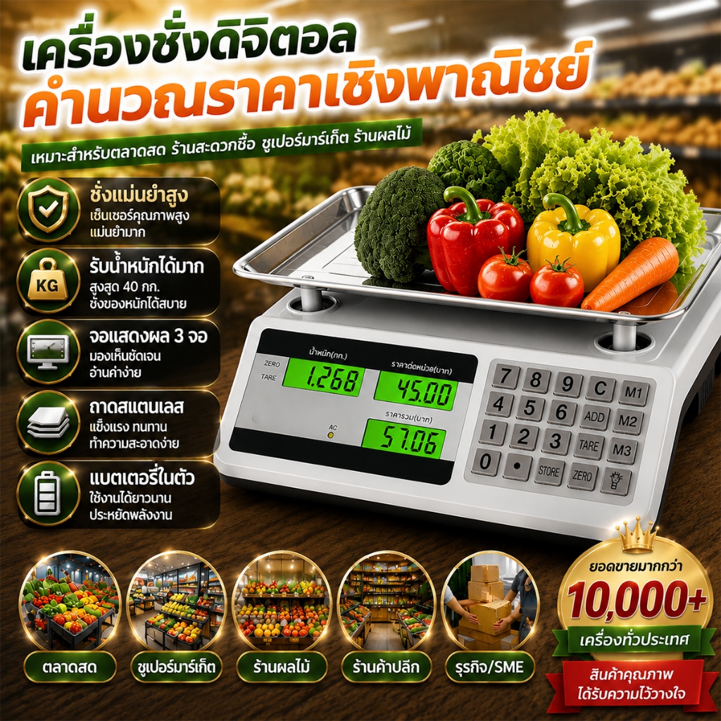 เครื่องชั่งดิจิตอล 40kg คำนวณราคาอัตโนมัติ ชั่งแม่นยำ จอ 3 ช่อง เครื่องชั่งร้านค้า ตลาดสด ร้านผลไม้ 