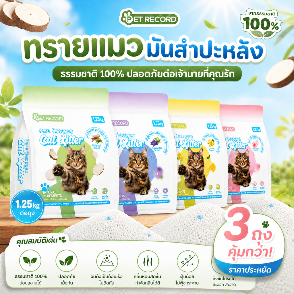PET RECORD ทรายแมวมันสำปะหลัง แพ็ค3ถุง 3.75กก. จับก้อนเร็ว ดับกลิ่น ฝุ่นน้อย ชักโครกได้ มี4กลิ่น Cassava cat litter