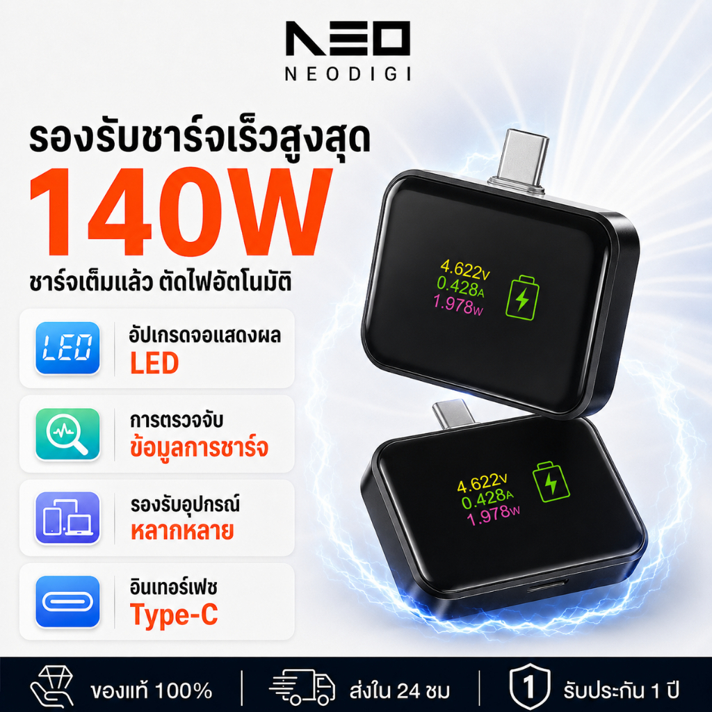 NEODIGI ชาร์จแยก LED 140W เชื่อมต่อทางกายภาพแบตเตอรี่ ระบบตัดไฟอัจฉริยะที่ขับเคลื่อนด้วย AI ระบบป้องกันการชาร์จ