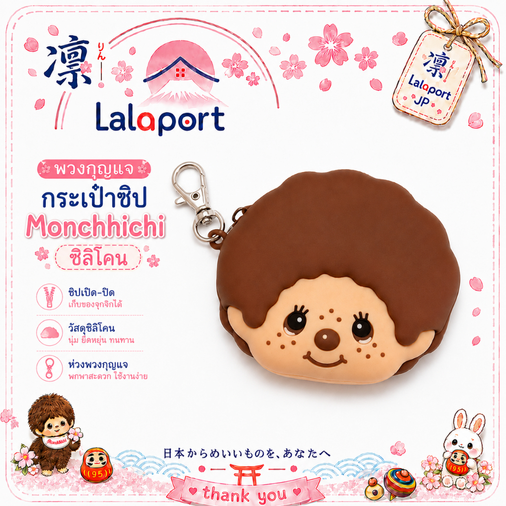 ของแท้จากญี่ปุ่น Monchhichi พวงกุญแจกระเป๋า ซิปใส่เหรียญ ซิลิโคน ลายมอนชิชิ