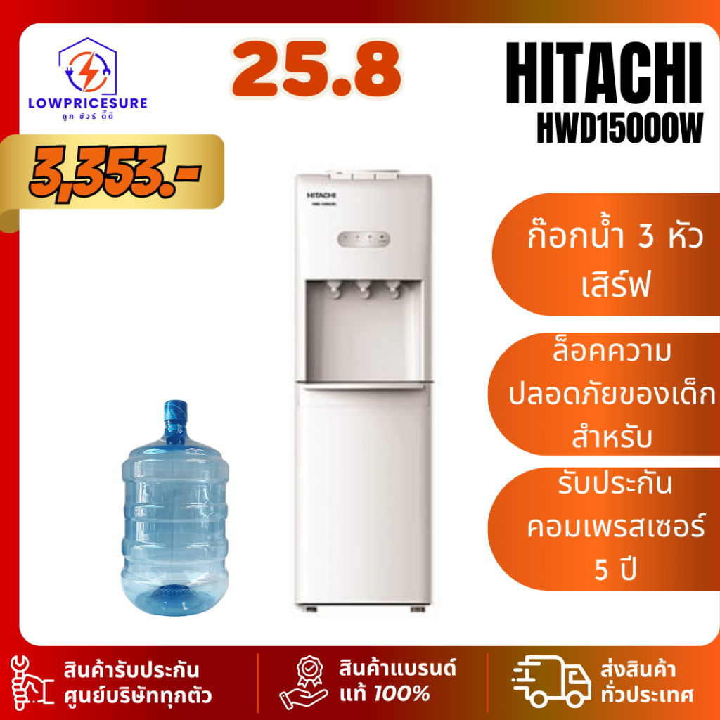 ตู้ทำน้ำเย็น น้ำร้อน hitachi รุ่น HWD-15000  แถมฟรีถังน้ำ