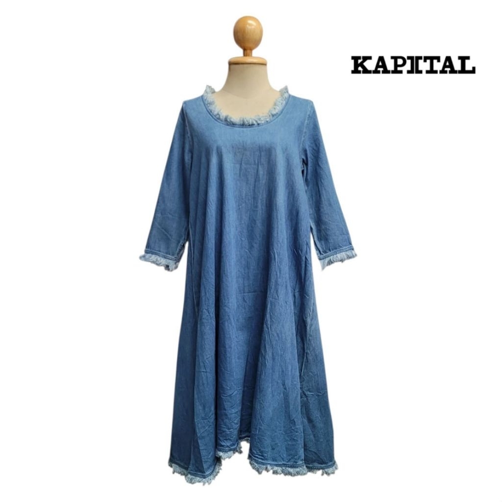 Kapital Frayed Hem Scoop-Neck Denim Dress