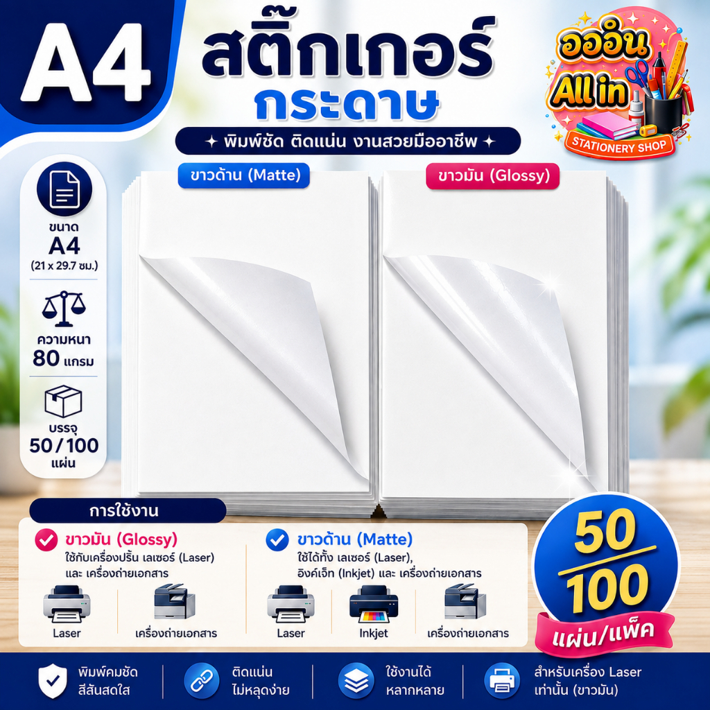 สติ๊กเกอร์กระดาษขาวมัน ขาวด้าน (หลังขาว) A4 สำหรับเครื่องปริ้นอิงค์เจ็ทและเลเซอร์