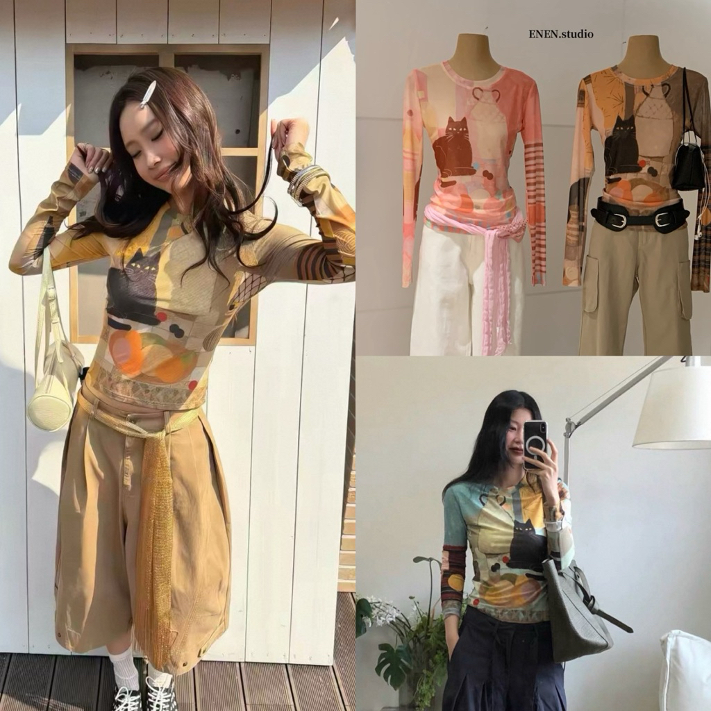 10757# เสื้อคอกลมแขนยาว ลายน้องแมว เนื้อผ้ายืดหยุ่นได้เยอะ ทรงสวย TAG : EN.EN