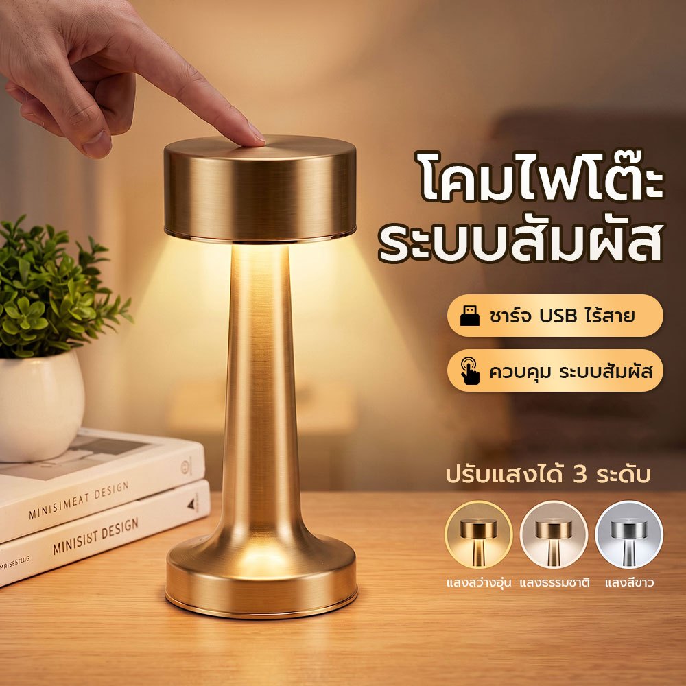 โคมไฟตั้งโต๊ะ LED สไตล์มินิมอล ระบบสัมผัส ชาร์จ USB ไร้สาย ปรับแสง 3 ระดับ โคมไฟหัวเตียง โคมไฟอ่านหนังสือ