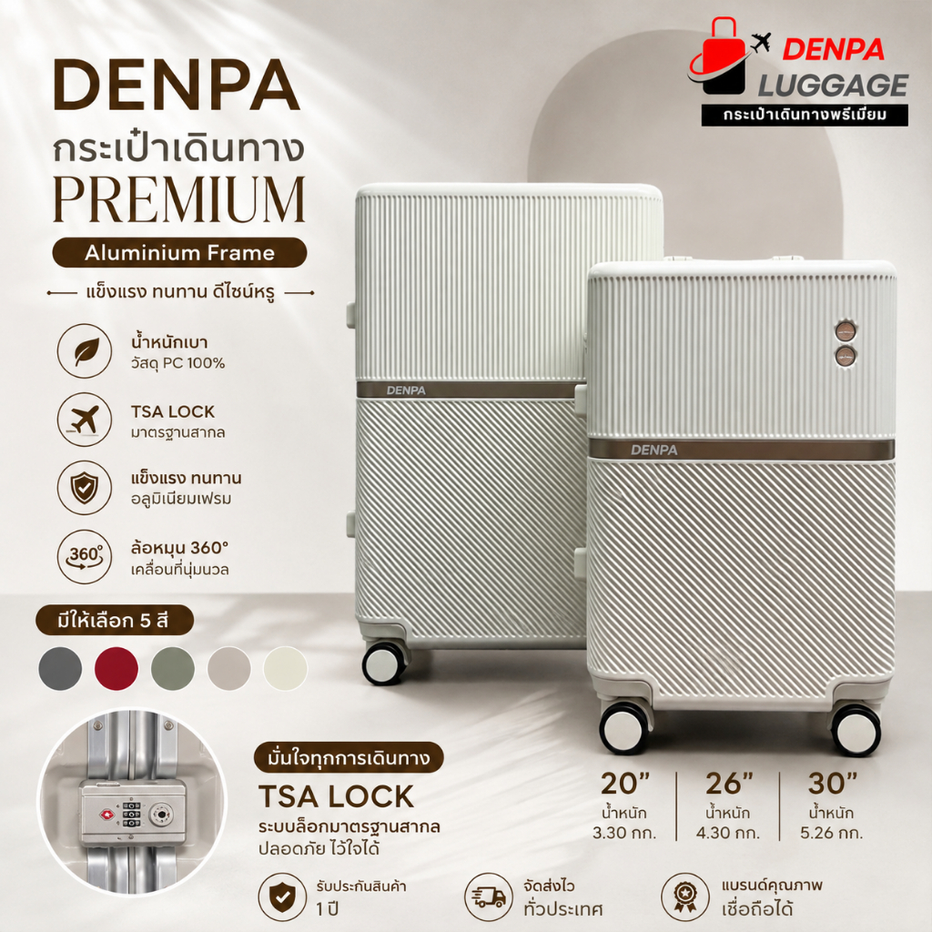 [แบรนด์แท้ มีศูนย์บริการ] DENPA Luggagae กระเป๋าเดินทาง รุ่น Aluminum ระบบล็อค TSA วัสดุ PC 100%