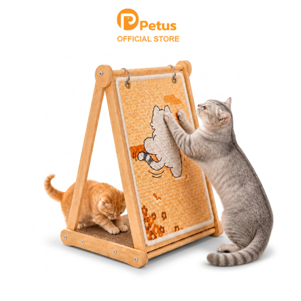 Petus ที่ลับเล็บแมวทรงสามเหลี่ยม A-Frame เชือกป่านธรรมชาติ โครงไม้แข็งแรง มีที่นอน ขนาด 37x37x48 ซม.