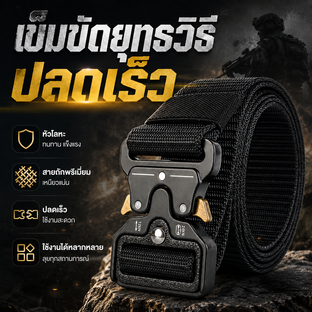 Tectical เข็มขัดยุทธวิธี หัวโลหะ แบบเรียบไม่ต้องเจาะรู สายไนล่อน ไม่ลอก