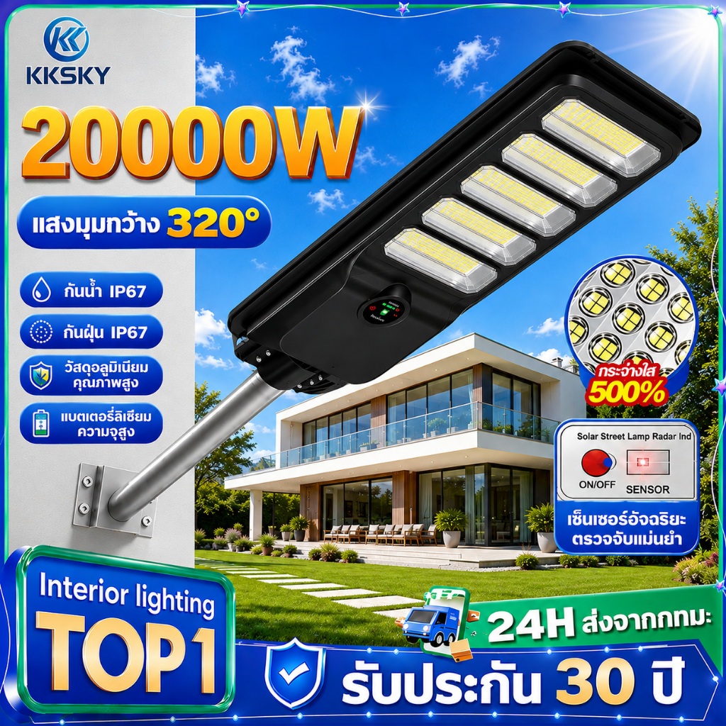 KKSKY ไฟโซล่าเซลล์ ไฟถนนโซล่าเซลล์ ไฟเซ็นเซอร์ตรวจจับคน ไฟถนน ไฟอัจฉริยะ Solar Light 20000W ไฟพลังงา
