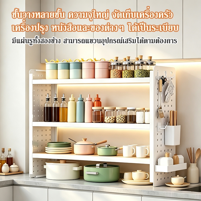ชั้นวางของอเนกประสงค์บนเคาน์เตอร์ ชั้นวางรูพรุน ชั้นวางเครื่องปรุง-ตะเกียบ ชั้นวางเก็บของบนโต๊ะ แผ่นกั้นตู้ครัว