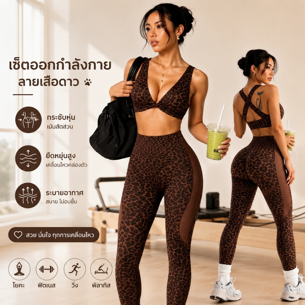 ชุดออกกำลังกายผู้หญิงลายเสือ 2 ชิ้น สปอร์ตบรา+กางเกงเอวสูง กระชับ ยืดหยุ่น โยคะ ฟิตเนส พิลาทิส สีน้ำตาล