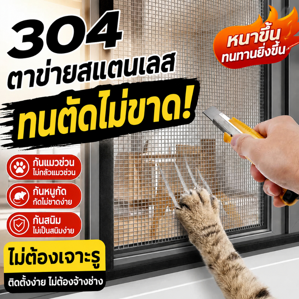 50 ปีขีดข่วนไม่เสียหาย มุ้งลวดสแตนเลส 304 มุ้งตาข่ายลวดตาถี่ ตาข่ายถี่ละเอียด ไม่เป็นสนิม มุ้งประตูหน้าต่าง ประตูมุ้ง