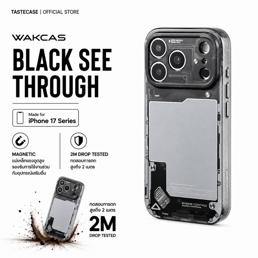 Wakcas Black See Through Magnetic เคสสำหรับ iPhone 17 series และ iPhone 16 series