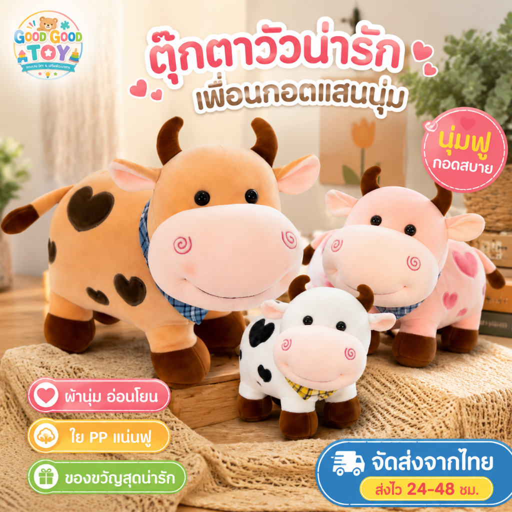 ตุ๊กตาลูกวัวขนนุ่มฟู น่ารักน่ากอด ของเล่นตุ๊กตาสัตว์สำหรับเด็ก กอดเล่น สะสม ตกแต่งห้องและของขวัญวันเกิด