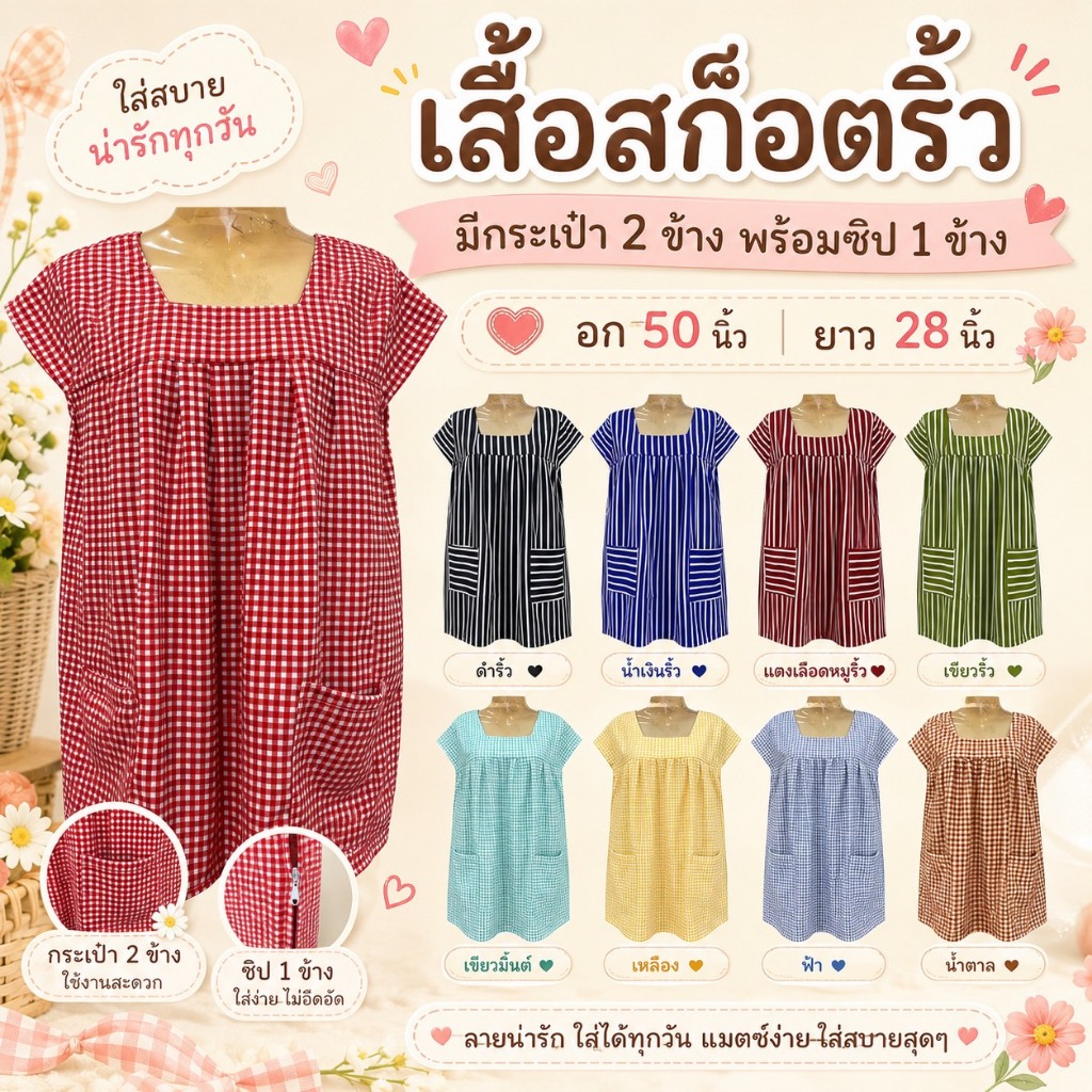 เสื้อลายสก๊อต แขนระบาย คอเหลี่ยม มีกระเป๋า 2 ข้าง พร้อมซิป ผ้านิ่มใส่สบาย หลายสี ผ้าฝ้าย ผ้านิ่มใส่สบาย M25