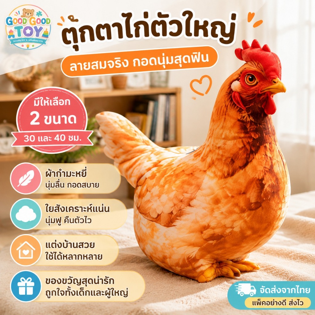 ตุ๊กตาแม่ไก่จำลองสมจริง 30/40 ซม. ขนนุ่มน่ากอด ตุ๊กตาสัตว์สำหรับถ่ายรูป ตกแต่งบ้าน สะสมและของขวัญเด็ก