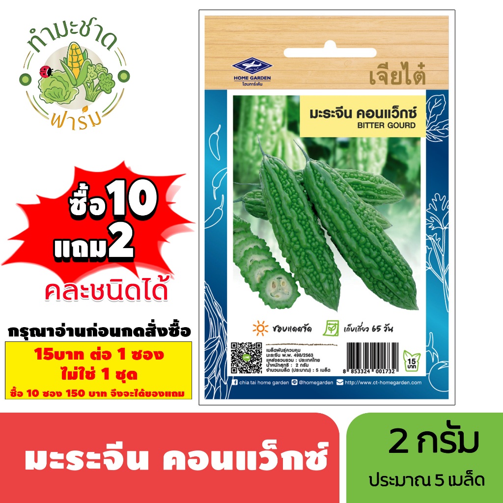 [1ซอง] เจียไต๋ (ซื้อ10แถม2) เมล็ดพันธุ์ มะระจีนคอนแว็กซ์ ขนาด2กรัม ประมาณ5เมล็ด Bitter Gourd มะระ เมล็ดพันธุ์พืช เมล็ดผั