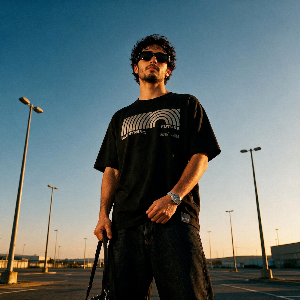 DAVIE JONES تيشيرت رجالي واسع جرافيك BLK STREET