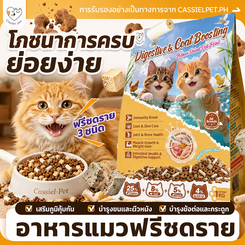 Cassiel Pet อาหารแมวฟรีซดราย Digestive & Coat 1kg แมวขนสวย ระบบย่อยดี เสริมภูมิคุ้มกัน เนื้อไก่ แซลมอน 3 มิกซ์