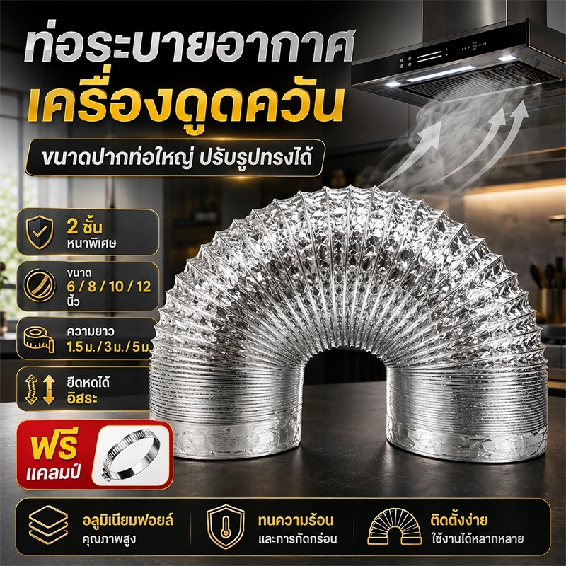 1.5/3/5/10 เมตร ท่ออลูมิเนียมฟอยล์ 4/6/ 8 /10/12นิ้ว ท่อดูดควัน ท่อลมระบายอากาศ ท่อดูดควัน การเพิ่มความหนาสองชั้น