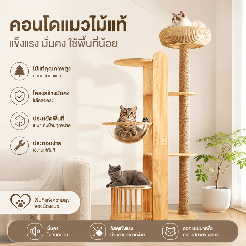 L&Qคอนโดแมว คอนโดแมวไม Cat Tree ของเล่นแมว เสาข่วนหนาพิเศษ คอนโดแมวไม้ ความสูง 1.9 เมตร เสาลับเล็บ