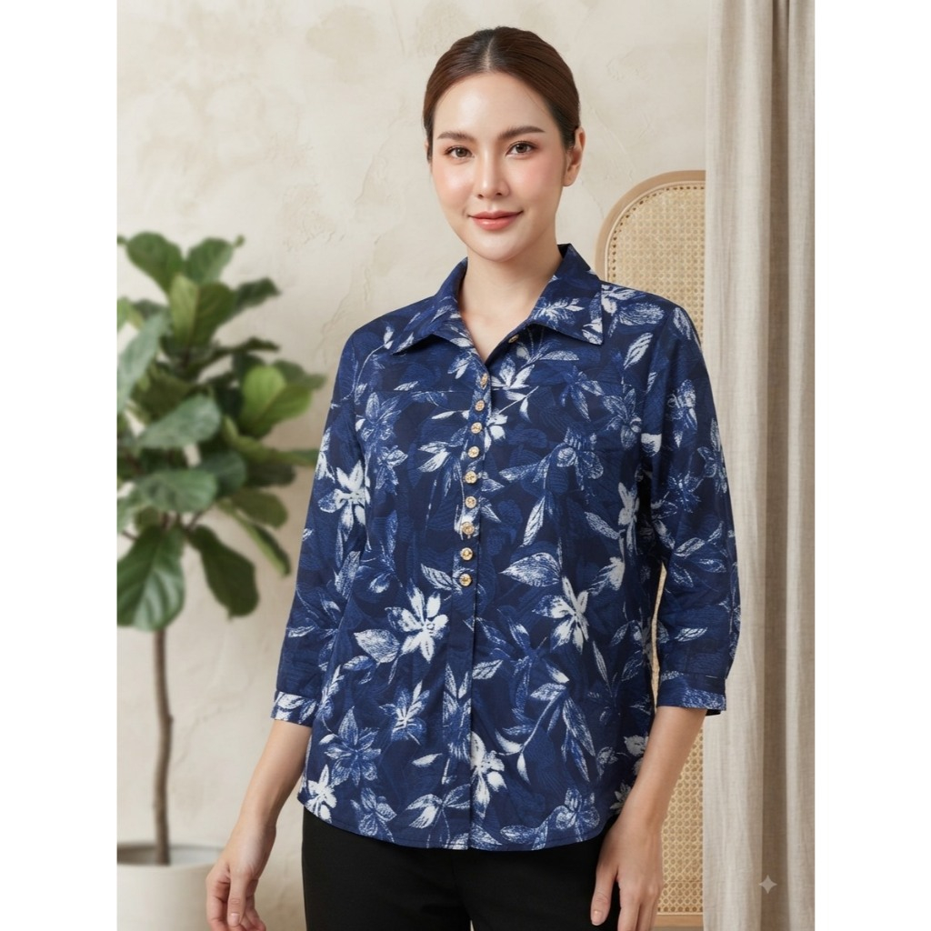 เสื้อยืดผ้าเกาหลี แขนสามส่วน ฟรีไฃส์32''-44''เสื้อยืดคอปก ลายดอก แบบสวมหัว งานตัดเย็บอย่างดี