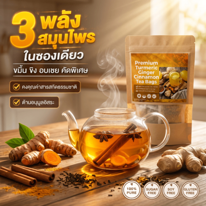 【ปรับสมดุลและต้านอนุมูลอิสระ】ชาอบเชยขมิ้นธรรมชาติ 60 ซอง ไม่ดัดแปลงพันธุกรรม ไม่เติมน้ำตาล ผลิตภัณฑ์เพื่อสุขภาพ