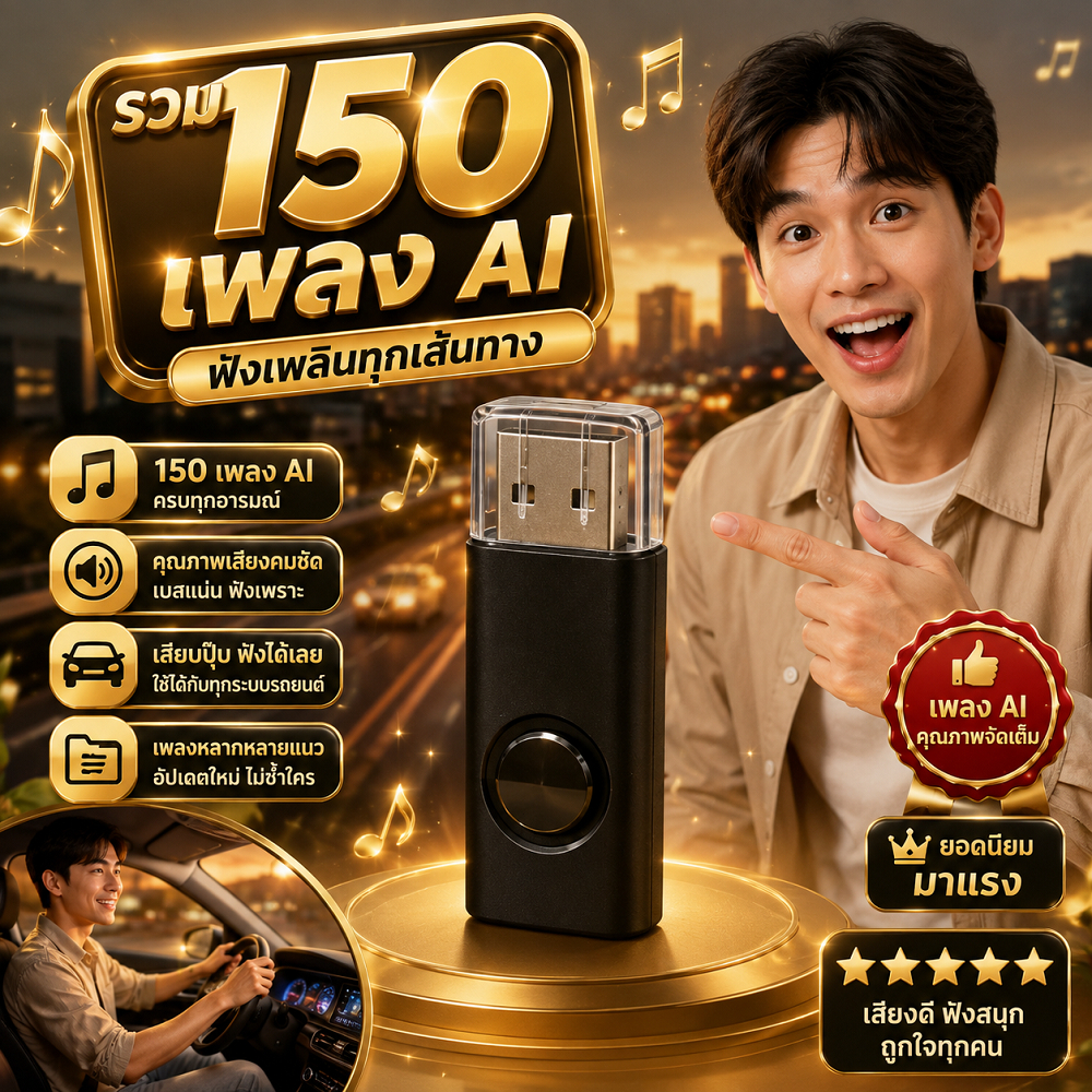 แฟลชไดรฟ์ USB รวมเพลง AI 150 เพลง สำหรับฟังในรถและเครื่องเสียง ใช้งานสะดวก