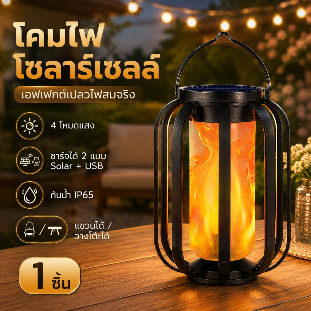 โคมไฟโซลาร์เซลล์กลางแจ้ง เปลวไฟสมจริง 4 โหมด กันน้ำ IP65 ชาร์จ Solar+USB แขวน/ตั้งโต๊ะ สำหรับสวน ลานบ้าน 1 ชิ้น