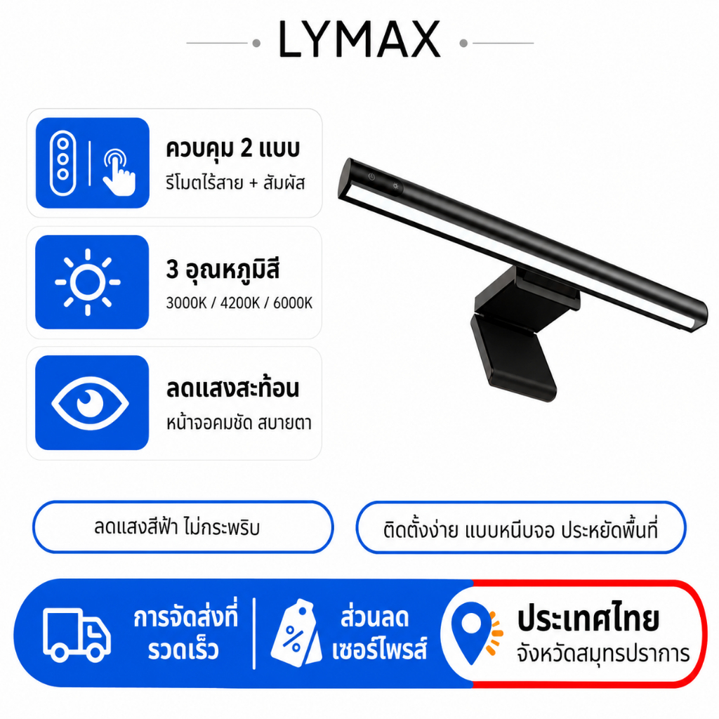 LYMAX โคมไฟแขวนจอคอม LED ป้องกันแสงสีฟ้า รักษาสายตา ปรับแสงได้ สำหรับทำงานเล่นเกม