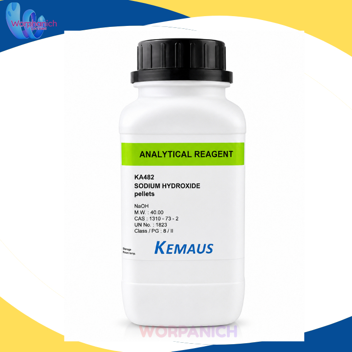 "KEMAUS" Sodium hydroxide pellets 97% AR grade ขนาด1 KG.  ยี่ห้อ KemAus, Australia