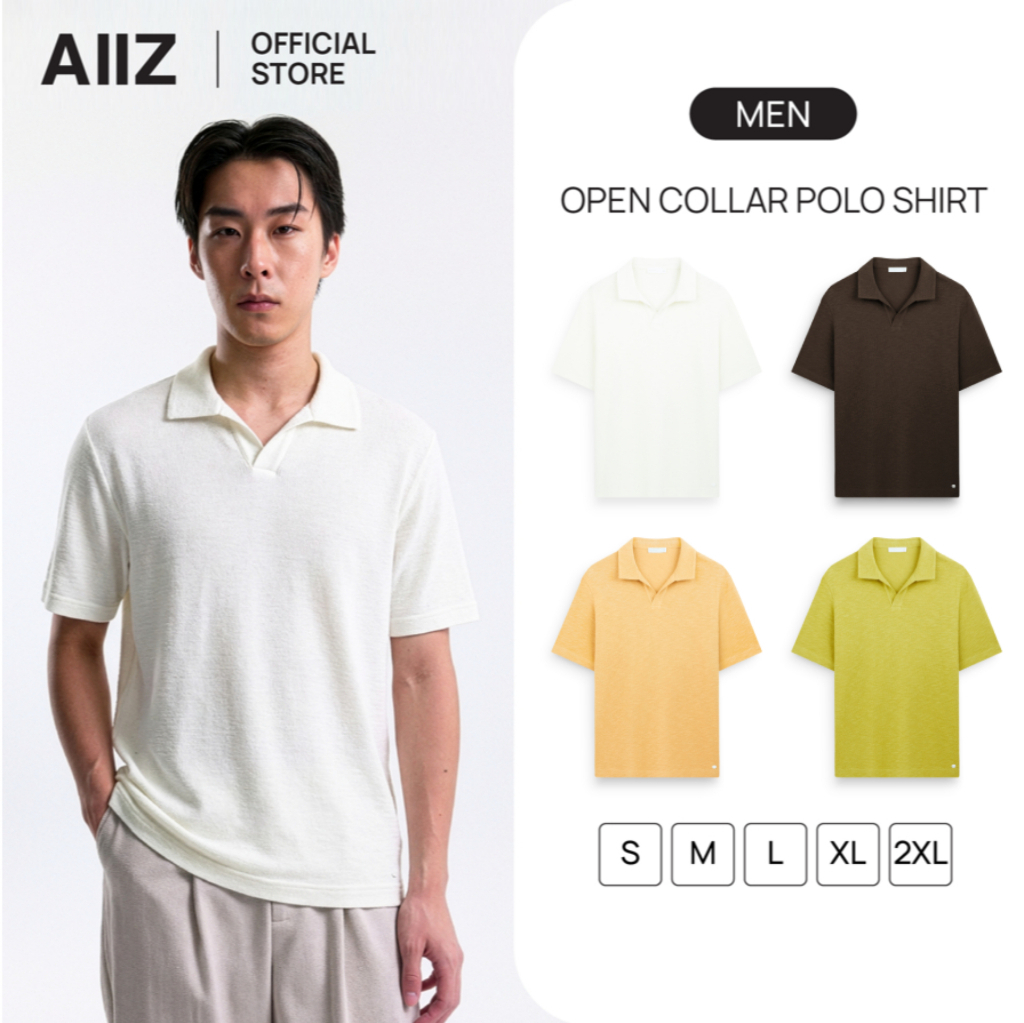 AIIZ (เอ ทู แซด) - AIIZ เสื้อโปโลผู้ชายคอวีผ้ายืด AIIZ Men's Open Collar Polo Shirt